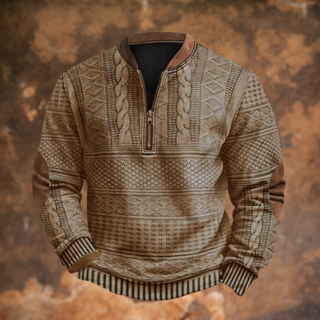 Polo homme demi-zip en maille beige à motifs tressés, poignets rayés et bas côtelé.