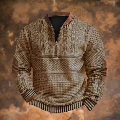 Polo homme demi-zip en maille beige à motifs tressés, poignets rayés et bas côtelé.
