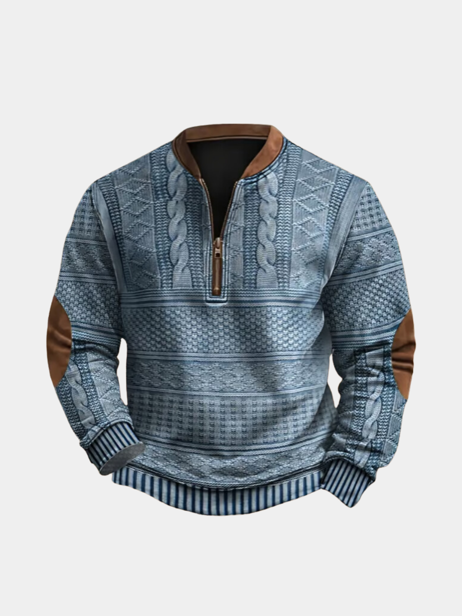 Polo homme demi-zip en maille bleu à motifs tressés, poignets et bas à rayures.