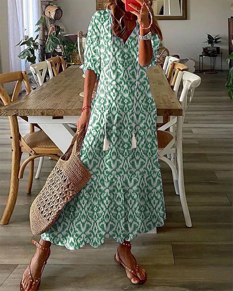 Robe bohème légère Dianna verte à motif cachemire, manches courtes, évasée