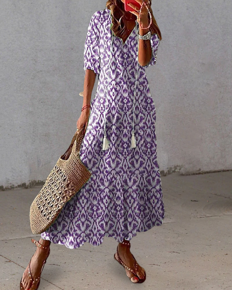 Robe bohème légère Dianna violette à motif cachemire, manches courtes, évasée