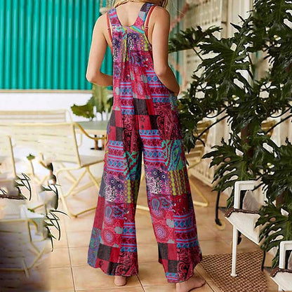 Combinaison d’été à fines bretelles, col carré, jambes larges, motif patchwork multicolore.