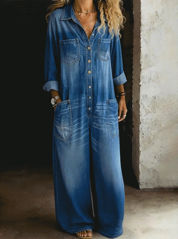 Combinaison décontractée en denim bleu, manches longues boutonnées et poches poitrine