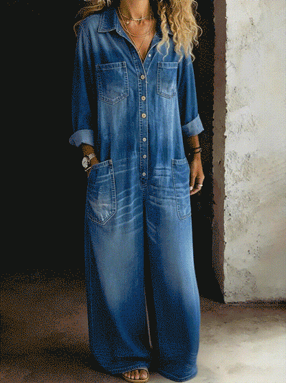 Combinaison décontractée en denim bleu, manches longues boutonnées et poches poitrine