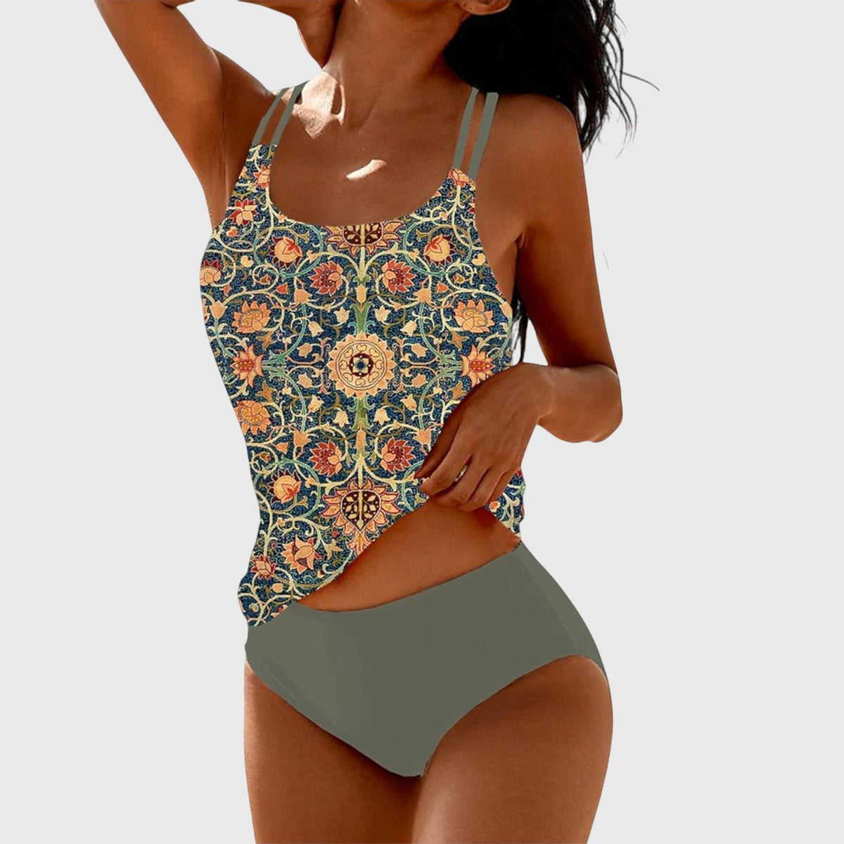 Ensemble de maillots de bain débardeur imprimé fleurs et slip kaki foncé