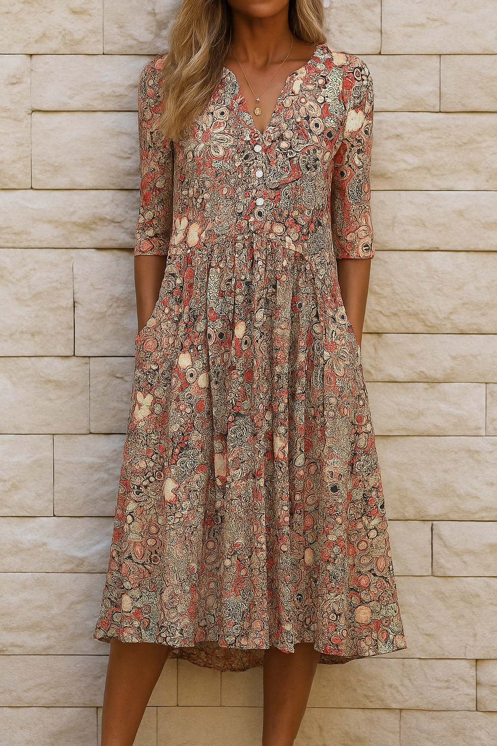 Robe décontractée élégante à motifs orange/brun, encolure V boutonnée, manches 3/4.