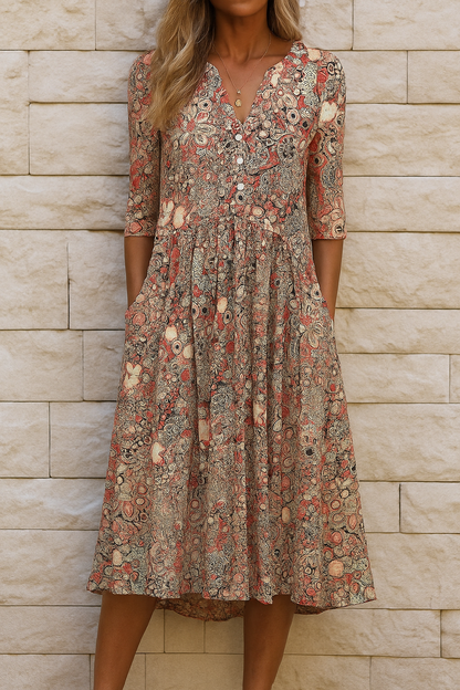Robe décontractée élégante à motifs orange/brun, encolure V boutonnée, manches 3/4.