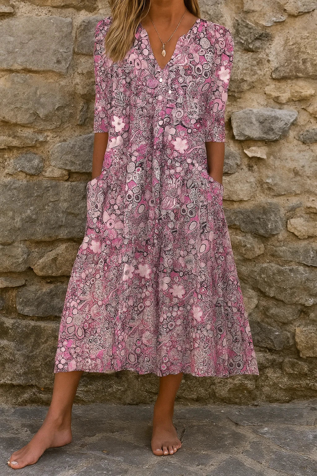 Robe décontractée élégante rose à motifs, encolure V boutonnée, manches 3/4, mi-longue.