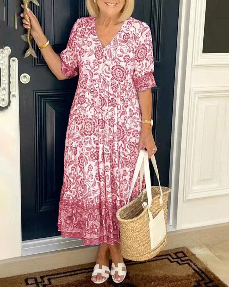 Robe fluide légère rose à imprimé floral, encolure V, manches courtes, jupe volantée
