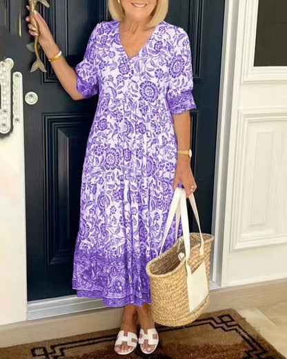 Robe fluide légère violette à imprimé floral, encolure V, manches courtes, coupe ample