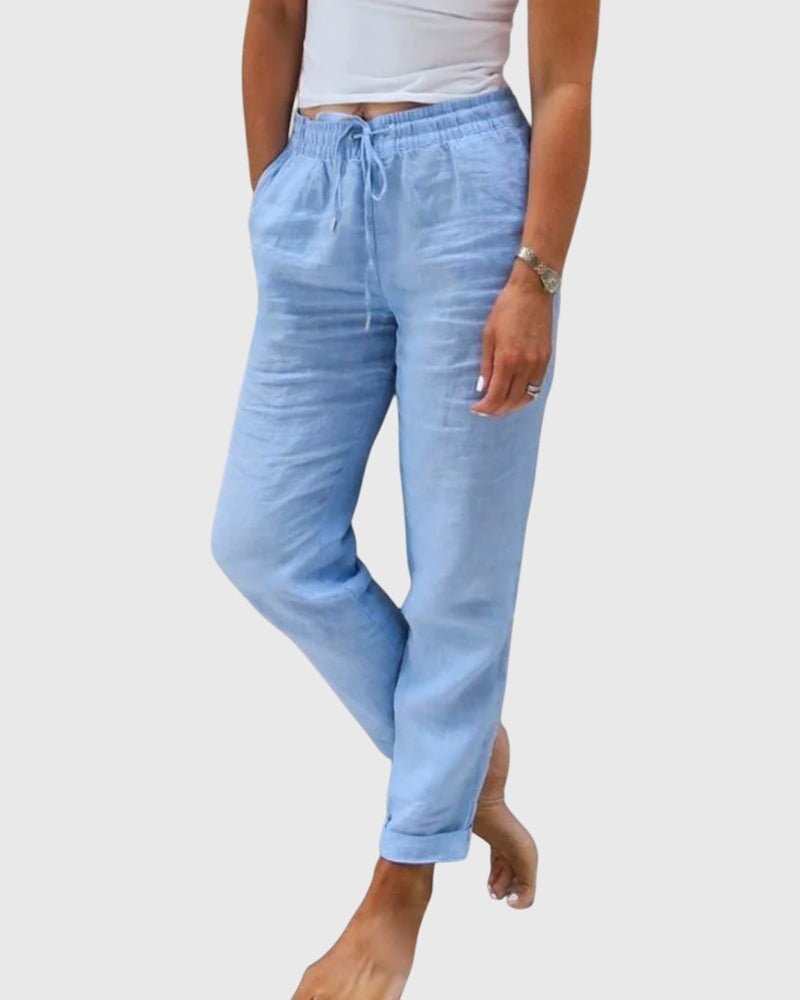 Pantalon femme bleu clair à cordon, coupe fuselée, chevilles resserrées