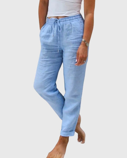 Pantalon femme bleu clair à cordon, coupe fuselée, chevilles resserrées