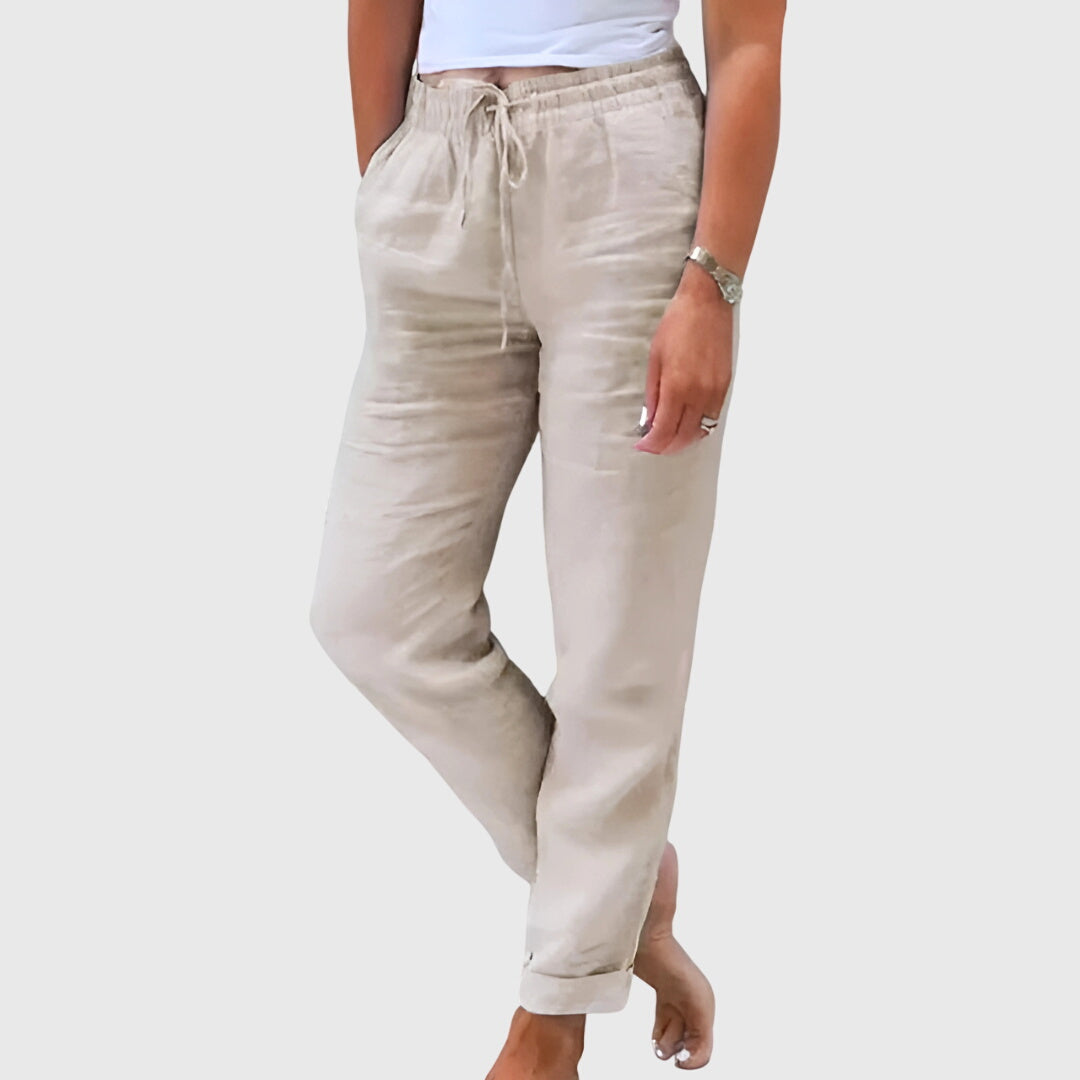 Pantalon femme beige clair en toile, taille à cordon, chevilles resserrées