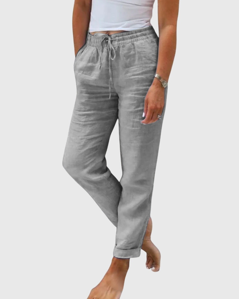 Pantalon femme gris en toile, taille à cordon et coupe fuselée