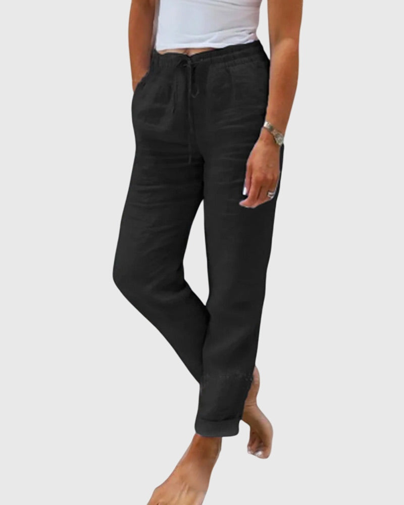 Pantalon femme noir en toile, taille à cordon, jambes ajustées