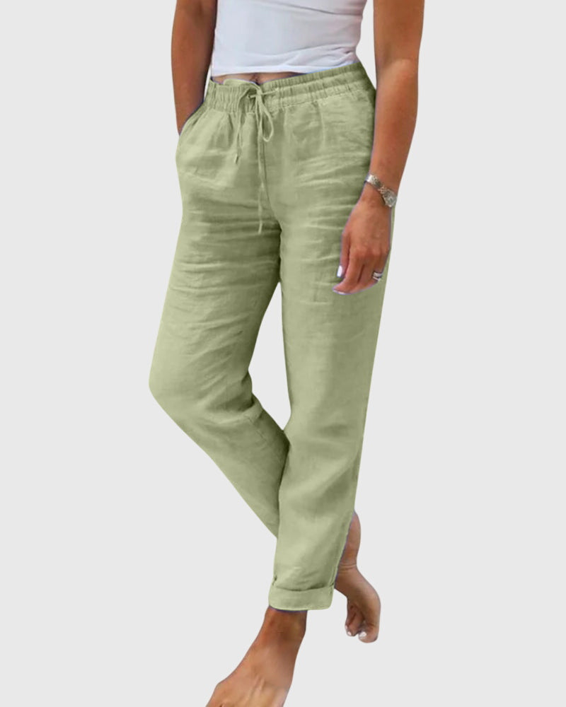 Pantalon femme vert en toile, taille à cordon, coupe fuselée