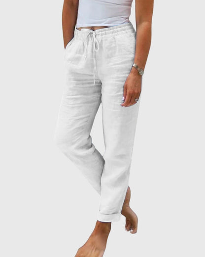 Pantalon femme blanc en toile, taille à cordon, jambes ajustées