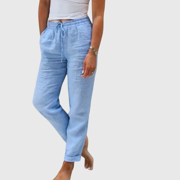 Pantalon femme bleu clair en toile, taille à cordon et jambes ajustées