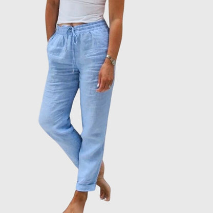 Pantalon femme bleu clair en toile, taille à cordon et jambes ajustées