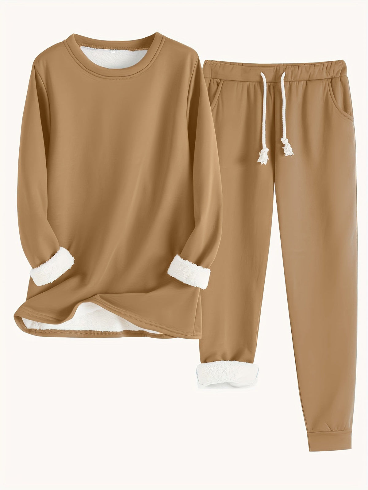 Ensemble de détente kaki : sweat manches longues et pantalon jogging à cordon.