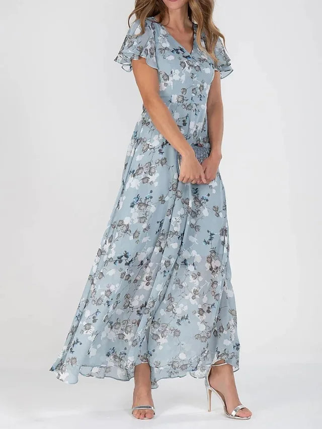 Robe longue fleurie bleue à col V et manches volantées