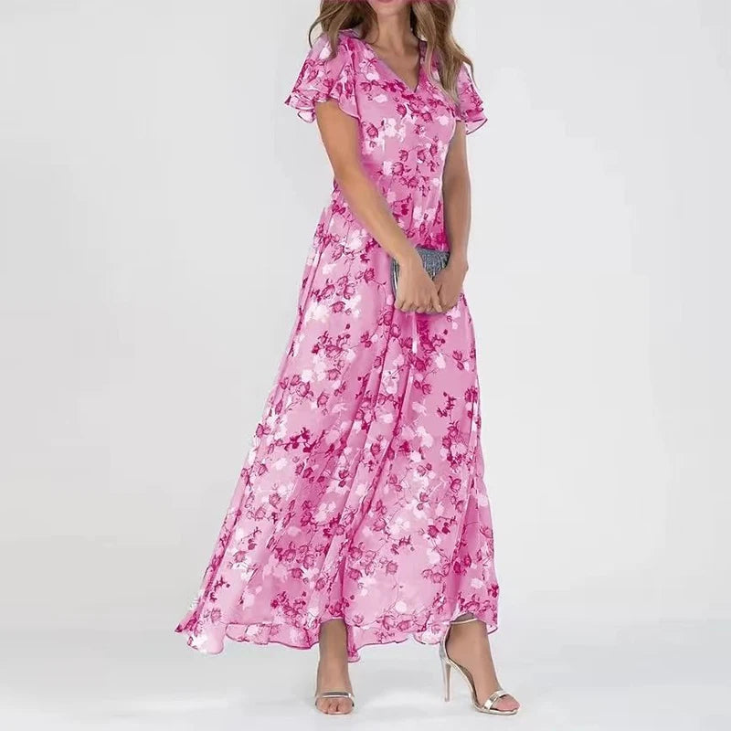 Robe longue fleurie rose à col V et manches volantées