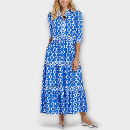 Robe midi bleue à motif chaînes, manches 3/4 et ceinture