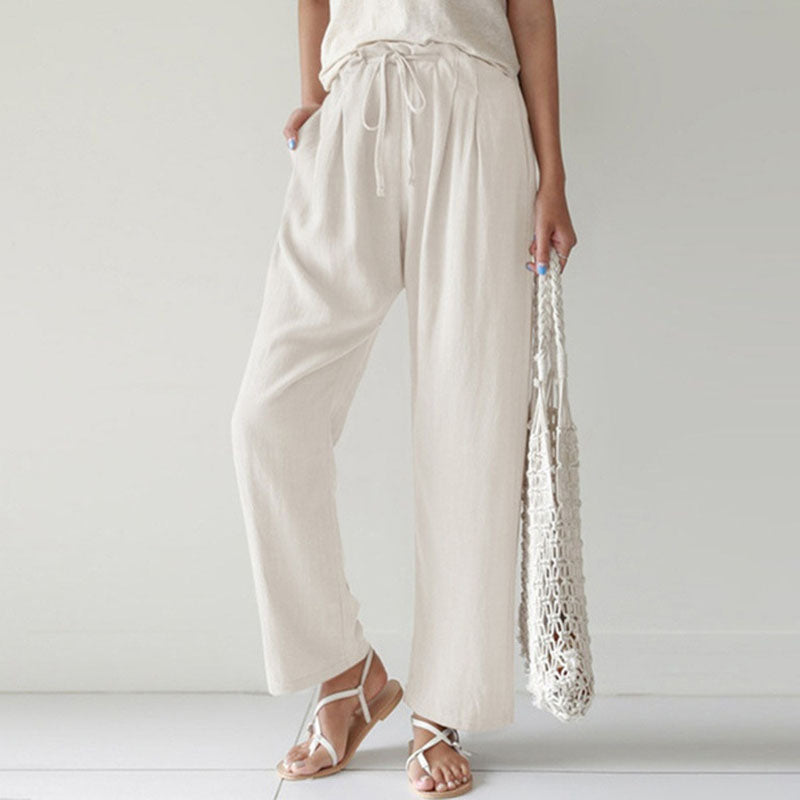 Pantalon ample décontracté blanc cassé avec cordon à la taille, coupe droite