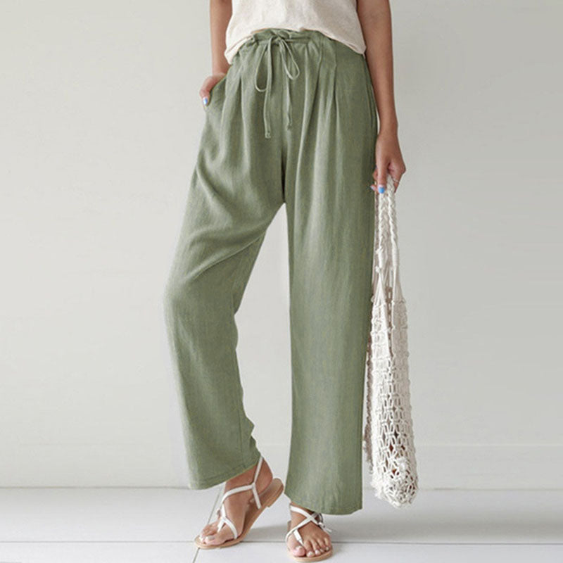 Pantalon ample décontracté vert sauge avec cordon à la taille, jambe droite