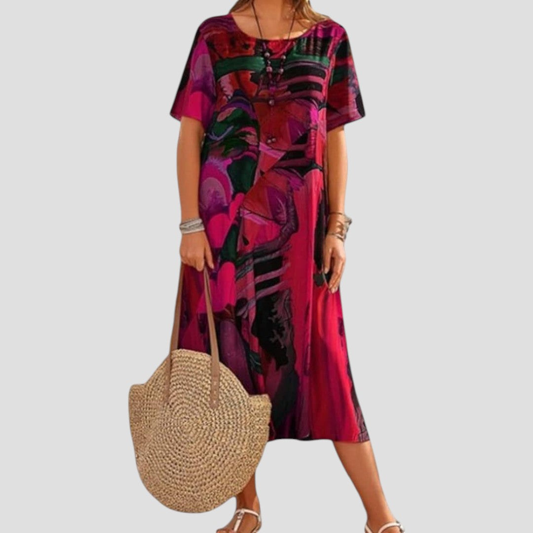 Robe fluide mi-longue à manches courtes, imprimé multicolore rouge/violet, encolure ronde