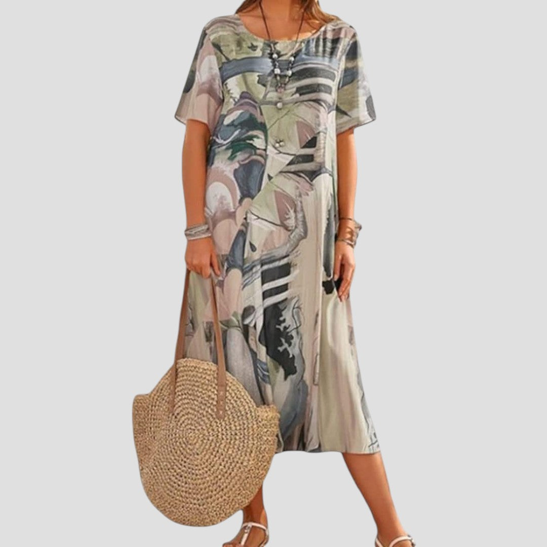Robe bohème ample beige à manches courtes, imprimé multicolore, boutonnage décoratif