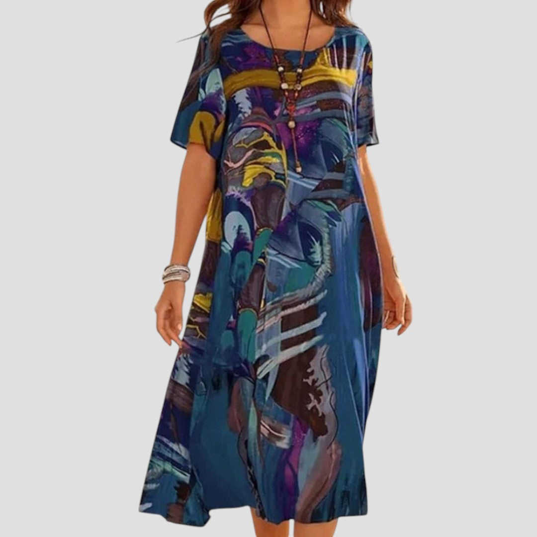 Robe bohème à manches courtes et encolure ronde, imprimé bleu et violet, coupe ample