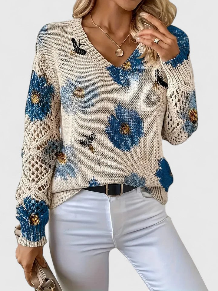 Gilet en maille crème à fleurs bleues, col V, manches ajourées