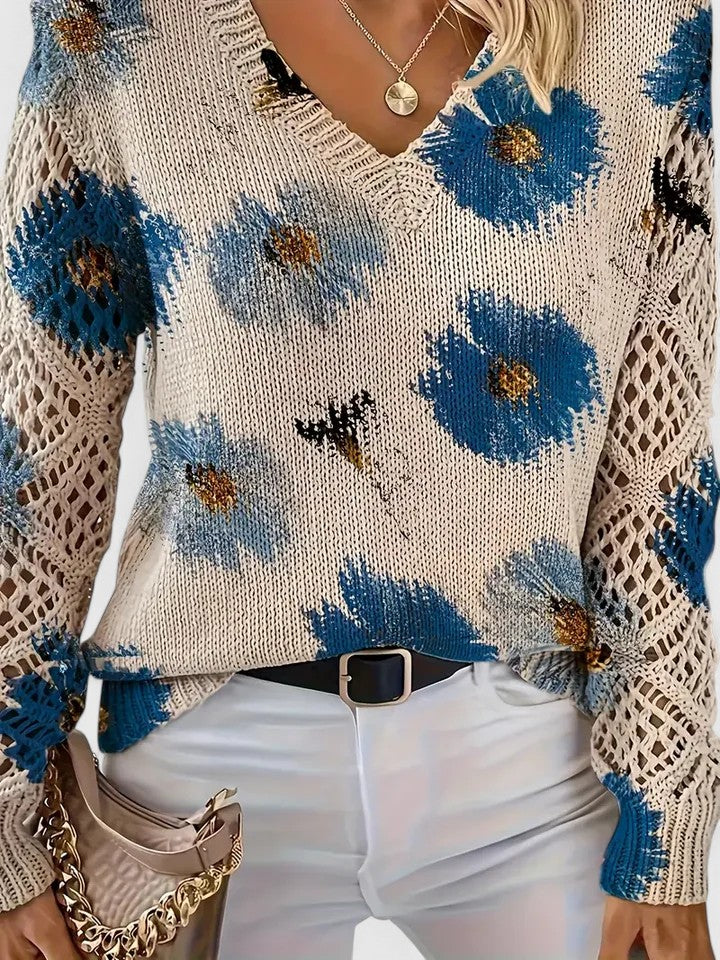 Gilet fleuri léger beige, col V, fleurs bleues et noires, manches crochet ajourées