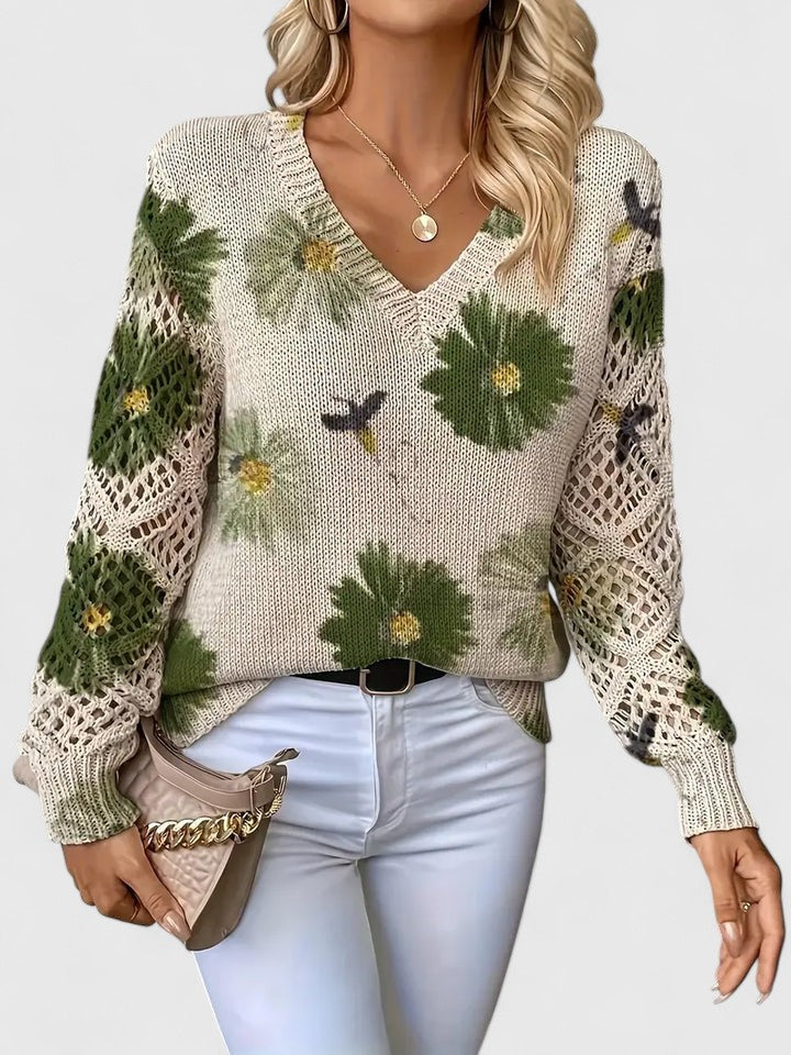 Gilet en maille crème à fleurs vertes, décolleté V, manches ajourées