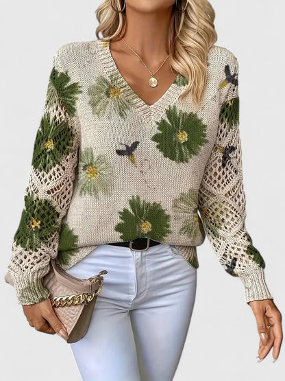 Gilet en maille crème à fleurs vertes, décolleté V, manches ajourées
