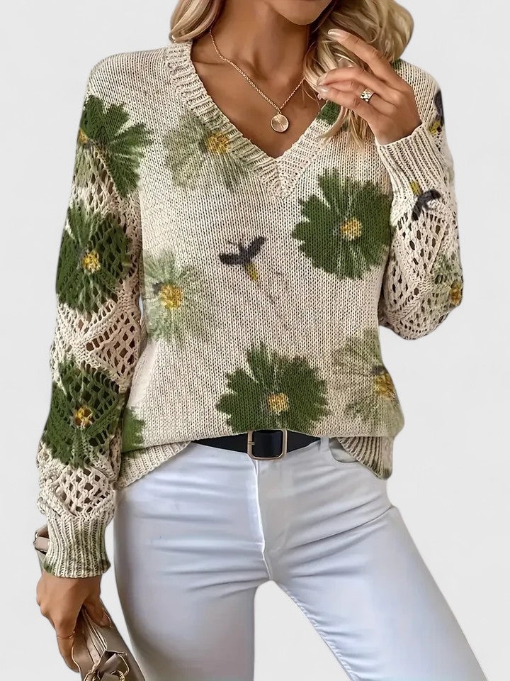 Gilet fleuri léger beige, col V, fleurs vertes, manches ajourées en crochet