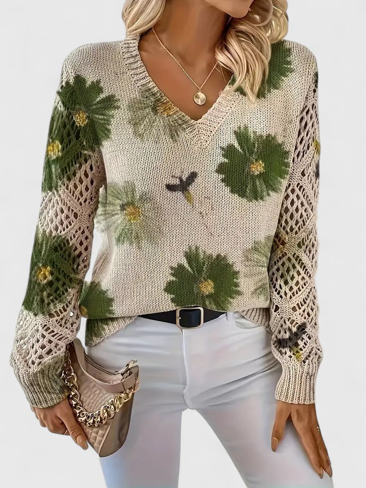 Gilet en maille crème à fleurs vertes, décolleté V, motif fleuri
