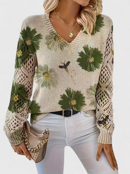 Gilet en maille crème à fleurs vertes, décolleté V, motif fleuri