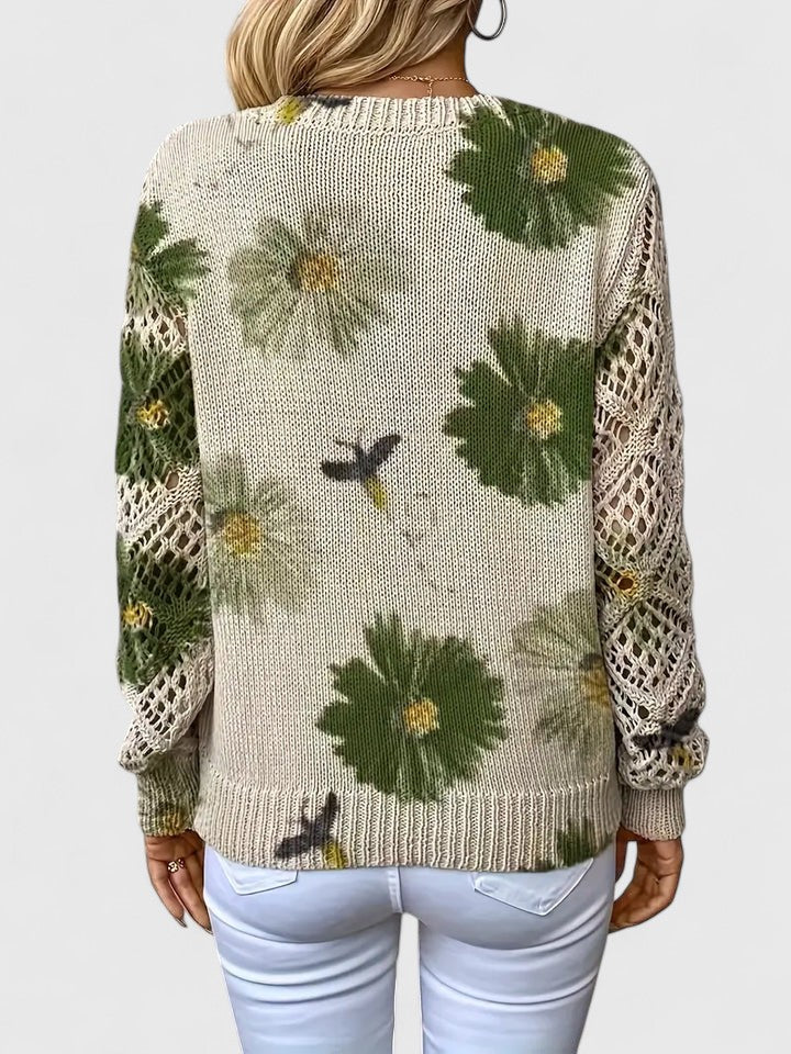 Gilet léger en maille crème à fleurs vertes, vue dos, manches ajourées