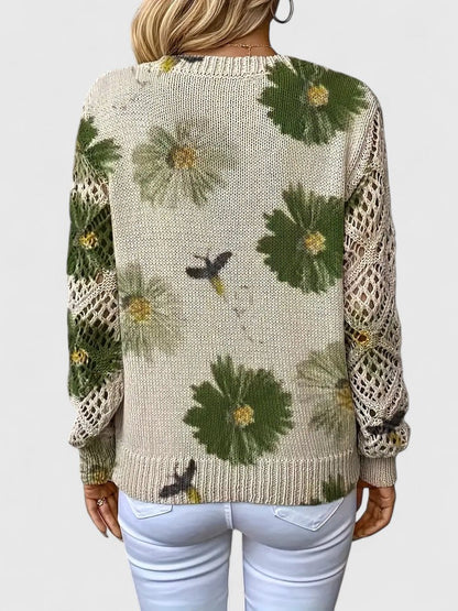 Gilet léger en maille crème à fleurs vertes, vue dos, manches ajourées