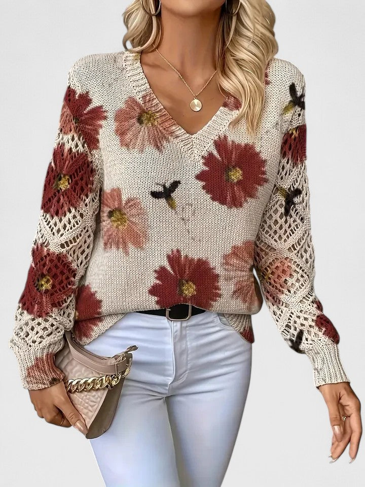 Gilet fleuri léger beige, col V, manches ajourées crochet, fleurs rouges et roses