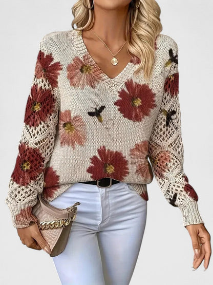 Gilet fleuri léger beige, col V, manches ajourées crochet, fleurs rouges et roses