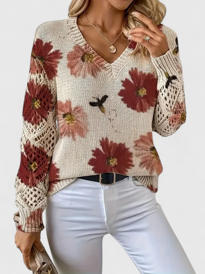 Gilet fleuri léger beige col V, fleurs rouges, manches ajourées en crochet, maille fine
