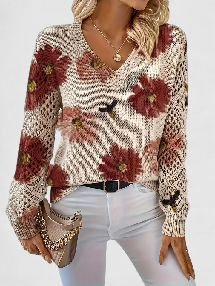 Gilet fleuri léger beige col V, fleurs rouges et roses, manches en crochet ajouré