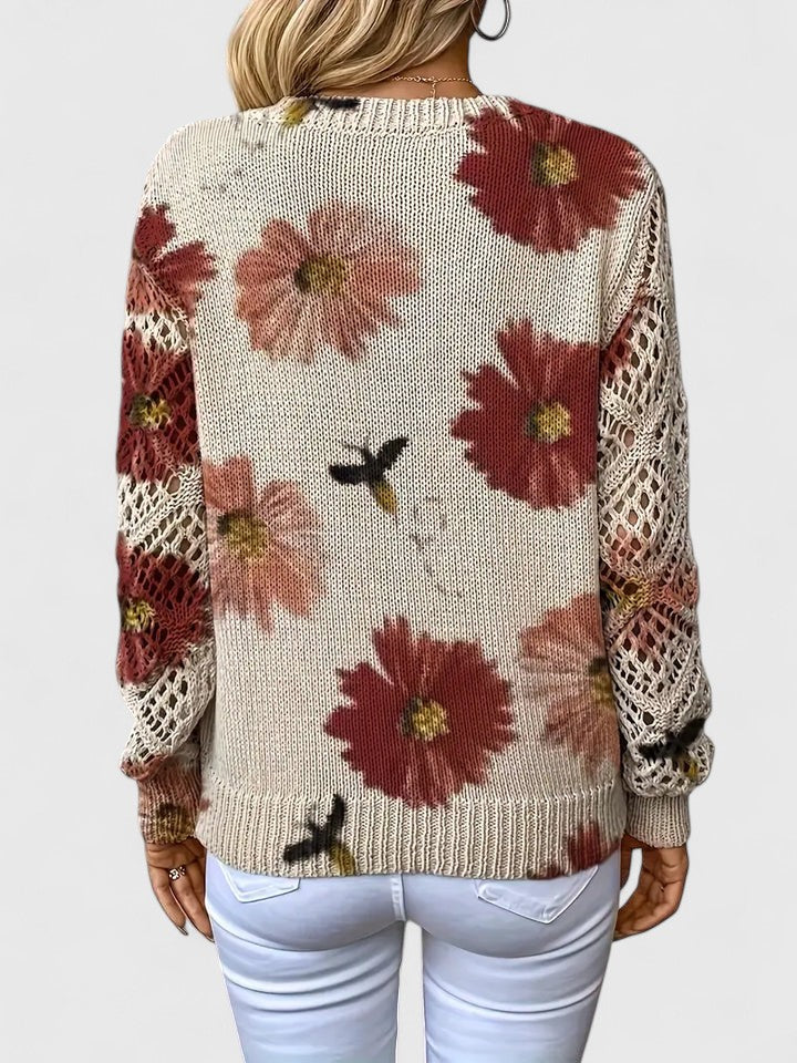 Gilet fleuri léger beige à fleurs, vue dos, manches ajourées en crochet, col V