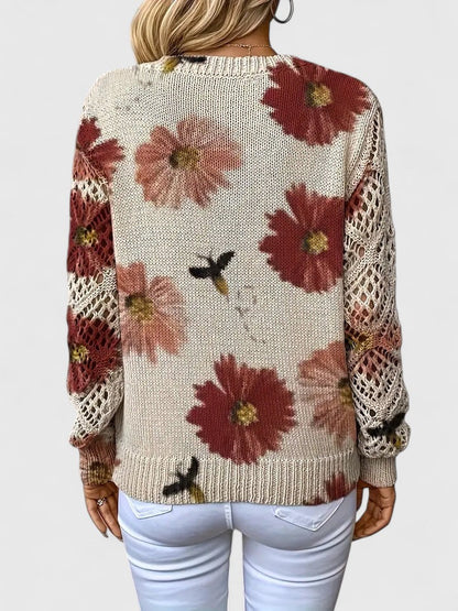Gilet fleuri léger beige à fleurs, vue dos, manches ajourées en crochet, col V