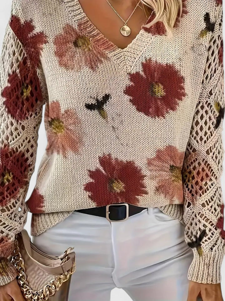 Gilet fleuri léger beige, col V, fleurs rouges, détails maille et manches ajourées