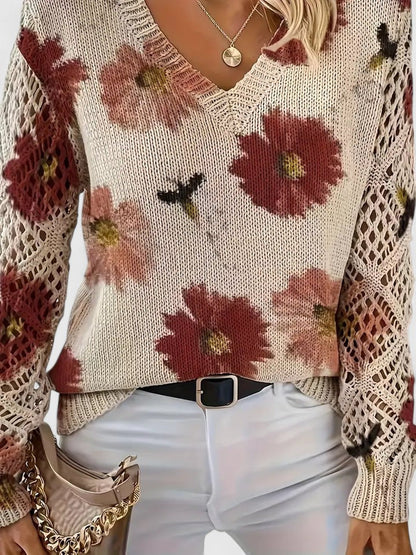 Gilet fleuri léger beige, col V, fleurs rouges, détails maille et manches ajourées