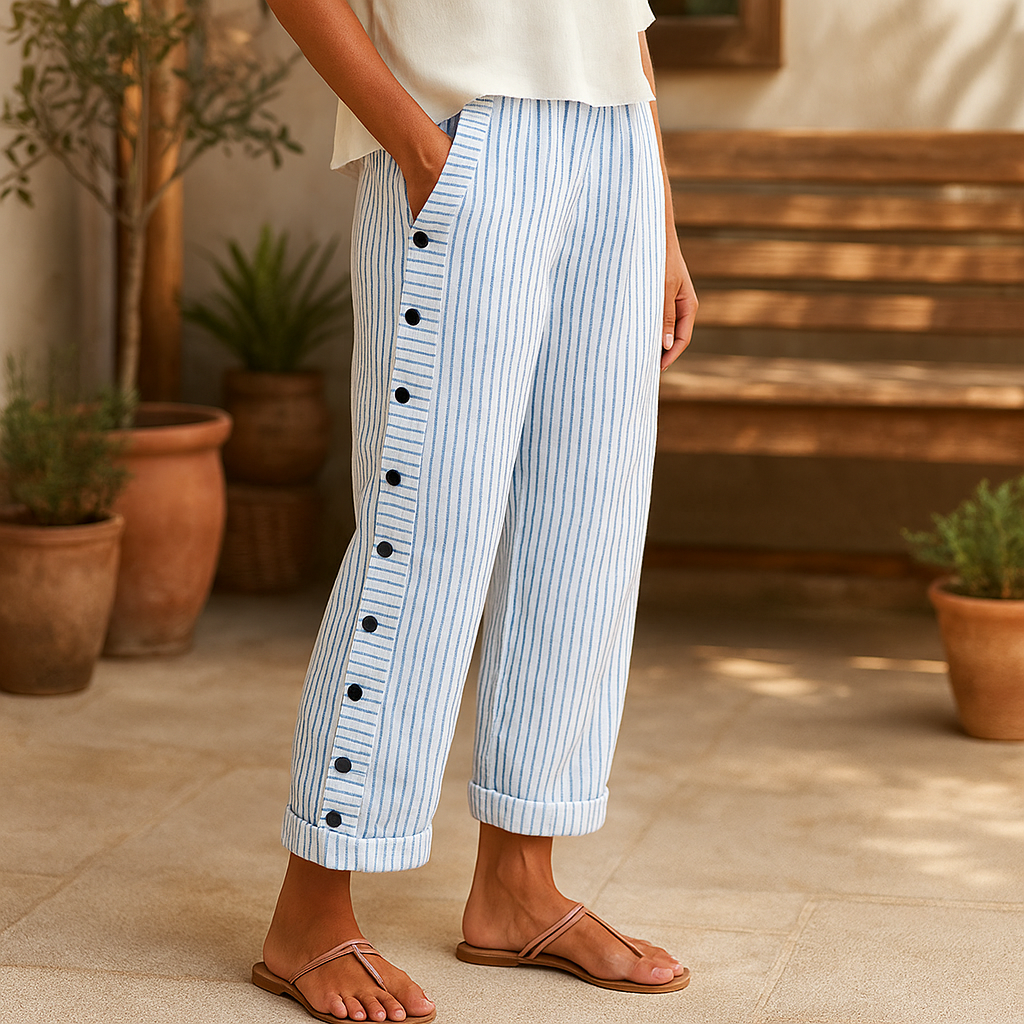 Pantalon en lin léger Dagny rayé vertical bleu/blanc, boutonnage devant